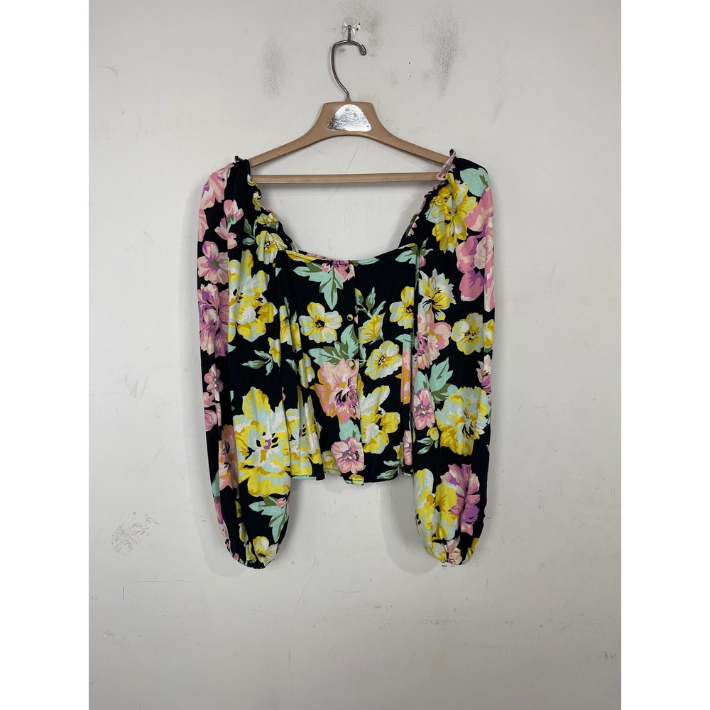 Who What Wear Floral Puff‎ Sleeve Crop Top Black Linen Blend Smocked Back Small